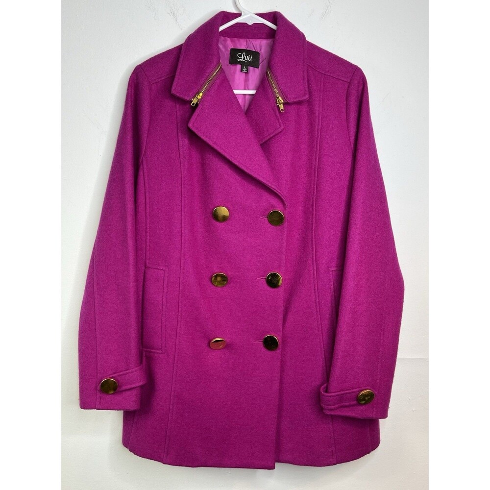 Luii Anthropologie Purple Ruffle Wool Jacket Pea Coat Size L Barbie